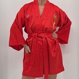 Vintage 70’s Traditional Japanese Embroidered Dragon Satin Belted Robe Kimono